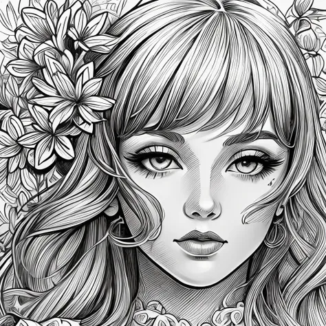 Black and white stick figure 1 girl with river lillies flower in background, loli in dress with flowers, its fine ink line art, comic style, portrait of ploynesian girl, Marilyn Munroe, Hollywood glam, beautiful line art, black and white comic style, manga...