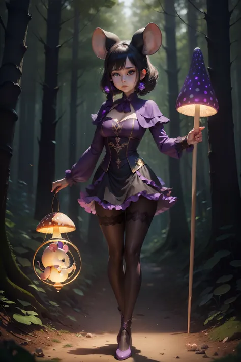 Beautiful humanoid mouse, wearing dark purple tights, holding a magic wand, full body shot, tall woods in the background, huge colorful mushrooms on the side, bokeh, layered, HD, 4K, Disney style