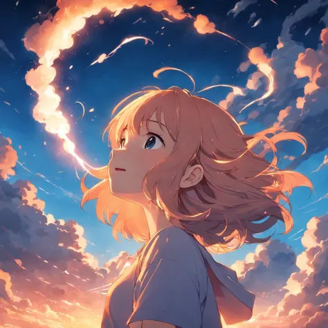 masterpiece, best quality, movie still, 1girl, cloud girl, floating in the sky, close-up, bright, happy, warm soft lighting, sunset, (sparks:0.7)