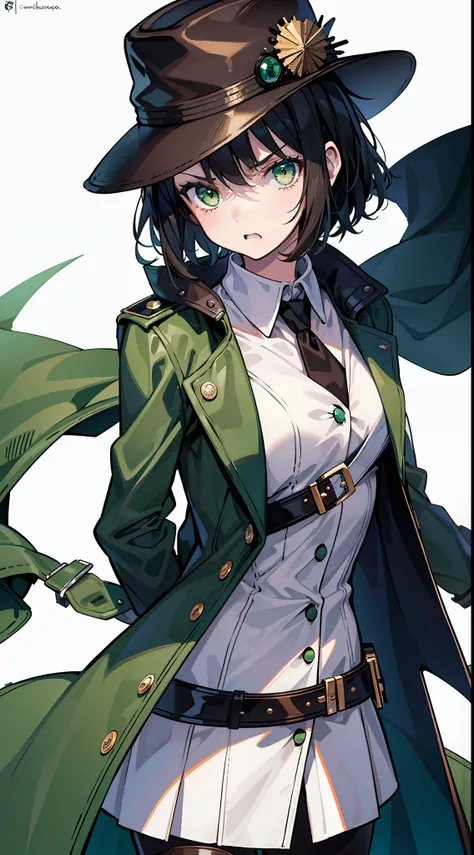 young girl, short black hair, Green eyes, White Mask, brown leather coat, hat, Rorschach, angry, Masterpiece, hiquality