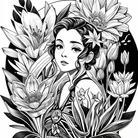 Black and white stick figure 1 girl with river lillies flower in background, loli in dress with flowers, its fine ink line art, comic style, portrait of ploynesian girl, Marilyn Munroe, Hollywood glam, beautiful line art, black and white comic style, manga...