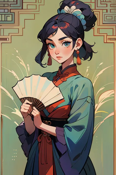 reference sheet：1.65，super details，high quality，master piece，A big lady show in the Song Dynasty，Dress modestly，Beautiful face，with fair skin，Shy-looking，Holding a fan in his hand，The background is a Chinese-style courtyard