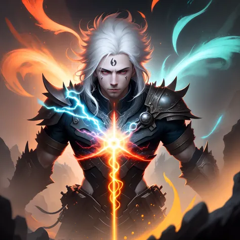 a painting that represents the essence of magic in your world, showing the white-haired, red-eyed protagonist with a mystical black mark on his neck immersed in a cascade of magical energy, with glowing particles dancing around him and arcane symbols formi...