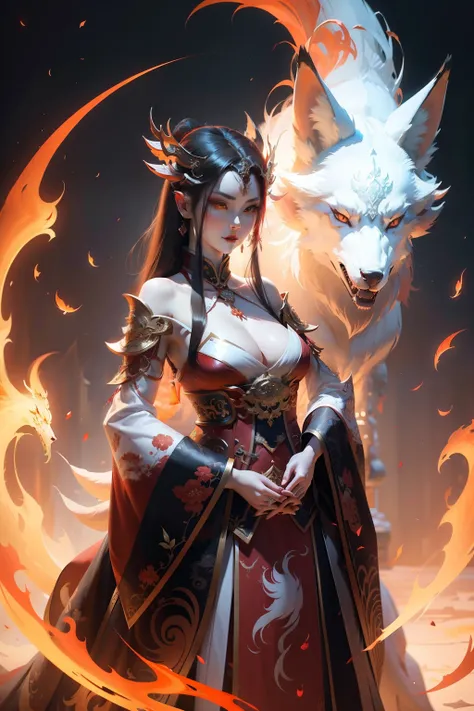 A woman in a red dress stands next to the white wolf, a beautiful kitsune woman, by Yang J, Guviz, Guviz-style artwork, Onmyoji detailed art, Fantasy art style, 8K high quality detailed art, Beautiful character painting, Chinese fantasy, a beautiful fox la...