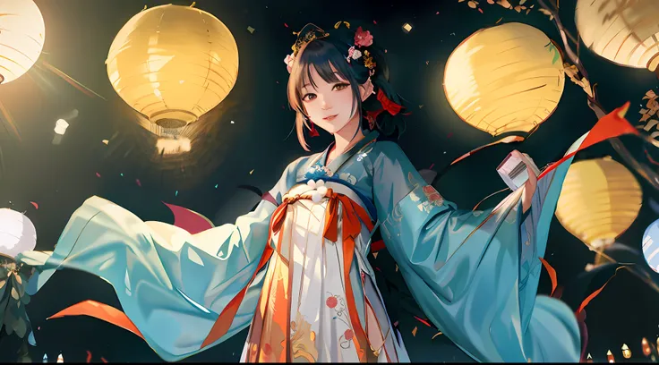 Romantic Tanabata night，There was a woman in a blue dress holding a red and white umbrella, Palace ， A girl in Hanfu, Guviz, style of anime4 K, Guviz-style artwork, Anime art wallpaper 8 K, Hanfu, Anime art wallpaper 4k, Anime art wallpaper 4 K, Guweiz in ...