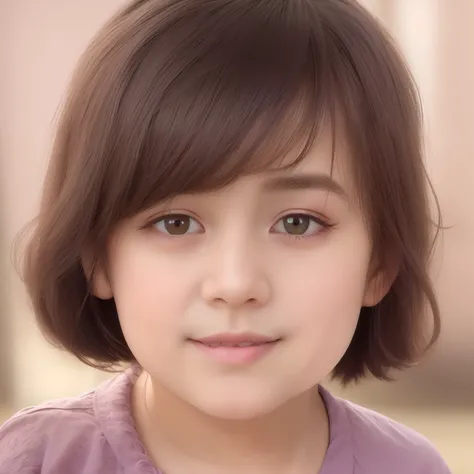 Årafed girl in purple shirt and pink shirt, short brown hair and large eyes, young child, brown hair and large eyes, girl with dark brown hair, close up head shot, black hair and large eyes, medium close up portrait, close up head shot, child hybrid, detai...