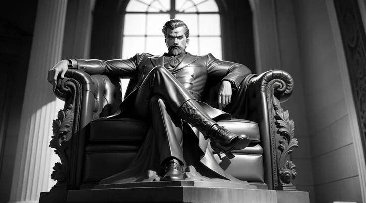 Statue of the muscular philosopher Nietzsche in black and white