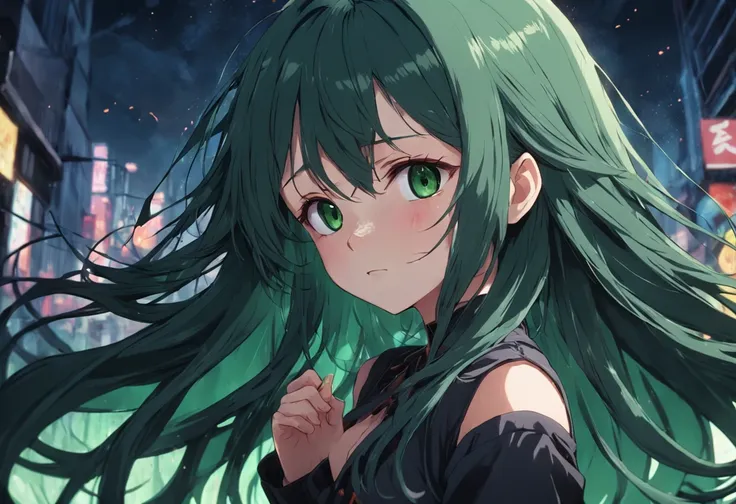 Long dark green hair，with a round face，JK service