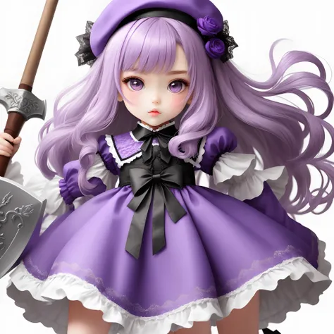 Young Girl Doll，There are puppet joints，Wearing purple lace Lolita on a white background，Gorgeous Hair in Long Purple，Purple berets with white lace trims，Tsundere look，Holding a giant axe of gear