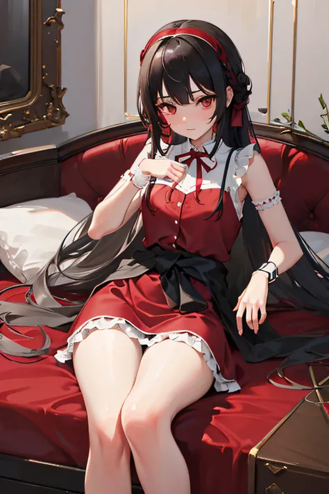 On a very large red bed, Gray pillows, White light, There is one girl, sit on a bed, Wearing a black and red princess dress, black lence stockings, A red bow is tied around the waist, There is a red band on the wrist, red color eyes, cabelos preto e longos...