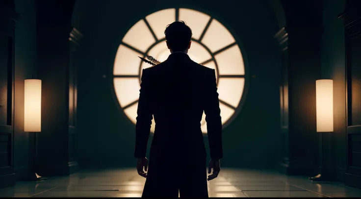 General plan of a man with his back only to his silhouette inside a clock without hand. Abaixo um abismo. Imagem com melhor qualidade: 1.4, 8K分辨率,  foco nítido, cinematic lighthing.