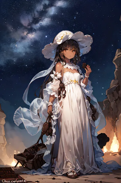 (It depicts a scene in the desert on a moonlit night with a hazy haze, and a princess gazing at the landscape from her camp). (Her outfit is delicate and beautifully designed, and she is clad in enough to keep out the chill of the desert night). (A star-fi...