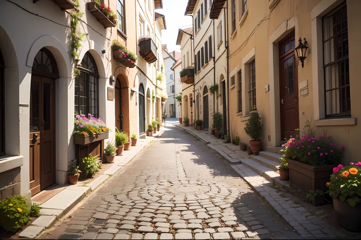 "Cozy Vibes - A charming cobblestone street adorned with vibrant flowers."