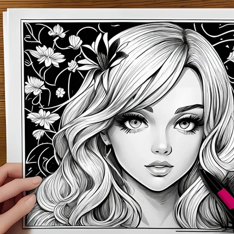 Black and white stick figure 1 girl with river lillies flower in background, loli in dress with flowers, its fine ink line art, comic style, portrait of ploynesian girl, Marilyn Munroe, Hollywood glam, beautiful line art, black and white comic style, manga...