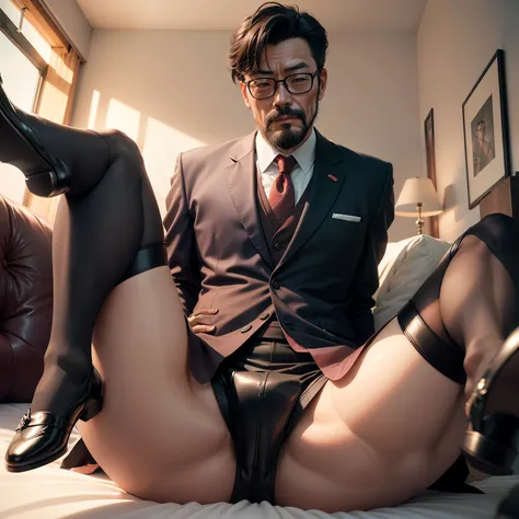 45 yers old，Kogoro Mouri，uncle，Tong，Bulge，On the seatbed，Black short stockings，Slip leather shoes，lbeard，fortitude，k hd，artwork of a，an look of enjoyment，Be red in the face，There is a white liquid on the legs，opening legs，wear suit，The crotch is raised