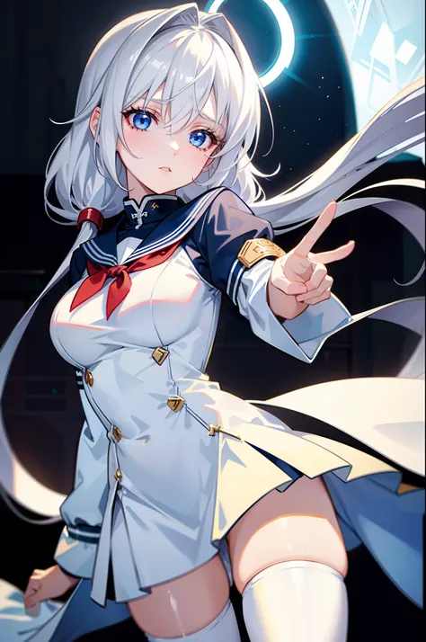 A girl,full bodyesbian,White hair,Blue eyes,serafuku,Halo,Simple background