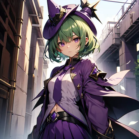 top-quality、extremely delicate and beautiful、(A teenage girl)、Purple Eye、Green hair、short-haired、(Purple pointy hat)、Purple tie、Soio、shortsleeves、Purple skirt、Purple Wizard Robe、Navel,is standing