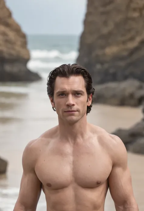 realistic, wide angle, realisim, black man on a beach, Henry Cavill, Tom Hiddleston, in white thong, shirtless, chest hair, no shirt