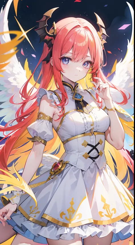 Yellow-red hair，Blue-brown pupils，Yellow-green wings，Wear yours with white and pink，Purple and white ornaments，She is a beautiful girl with dual cultivation of immortals and demons，