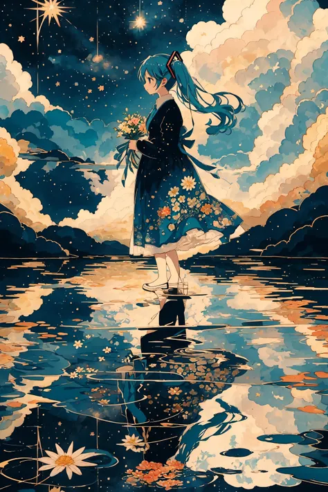 whitestar, 1girl, (hatsune miku), dress, solo, flower, standing, sky, cloud, blue dress, star (sky), water, holding flower, profile, upper body