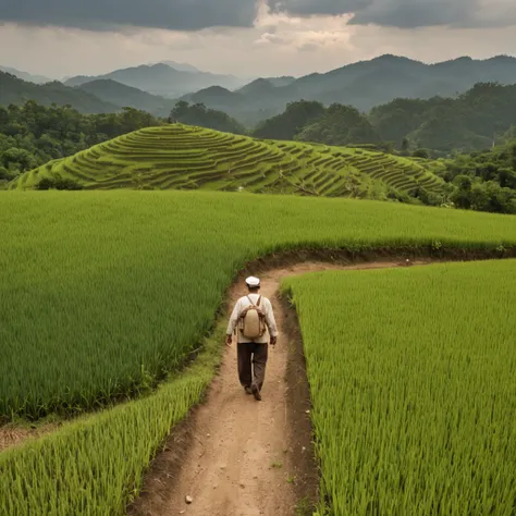 An old farmer carrying a flat burden, walking on the winding path of the countryside, big clouds, blue sky, rice fields, neat rice seedlings in the field, forest, hillside, secluded, countryside, HD detail, hyper-detail, cinematic, surrealism, soft light, ...