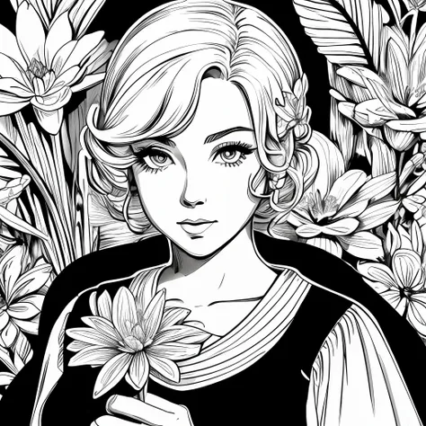 Black and white stick figure 1 girl with river lillies flower in background, loli in dress with flowers, its fine ink line art, comic style, portrait of ploynesian girl, Marilyn Munroe, Hollywood glam, beautiful line art, black and white comic style, manga...