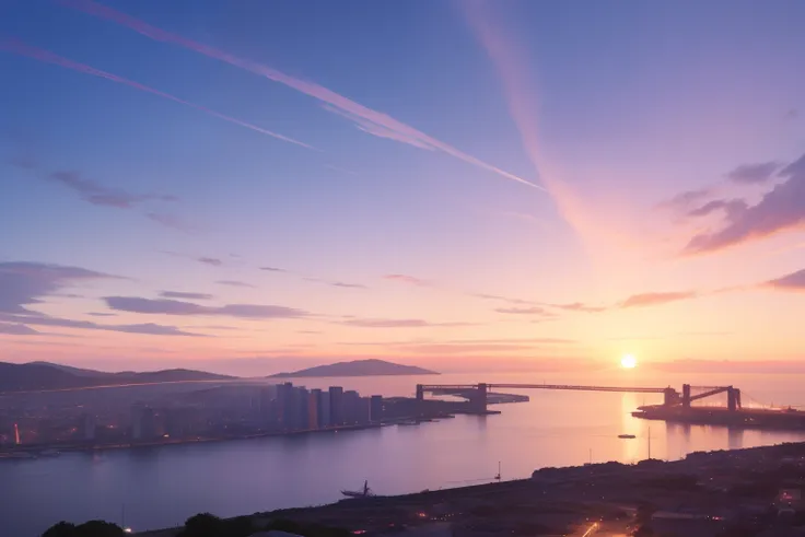 View from a hill overlooking the port area、Summer is coming to an end、More beautiful and wonderful purple to red gradient at dusk、The sun is about to set、Large ships docked、You can also see a large bridge across the strait、move、Gentle、desolate、The ultra -T...