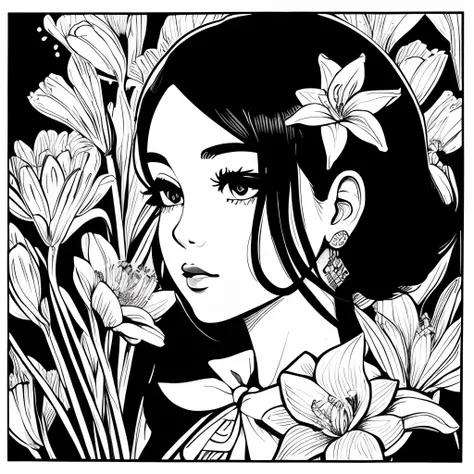 Black and white stick figure 1 girl with river lillies flower in background, loli in dress with flowers, its fine ink line art, comic style, portrait of ploynesian girl, Marilyn Munroe, Hollywood glam, beautiful line art, black and white comic style, manga...