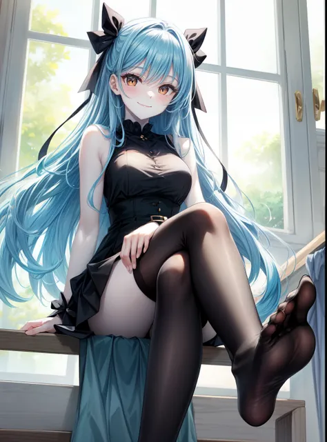 from below, (black thighhighs), showing foot to viewer, (foot focus), (presenting foot), looking at viewer, from below, ((hand on own thigh)), eyelashes, (pale skin:1.4), anime style, masterpiece, 8k, sharp details, 1girl, solo, light blue hair, full body ...