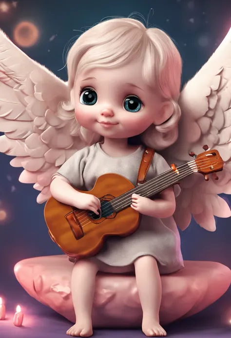 "An adorable little angel, com estilo de desenho animado, tocando uma harpa com muita ternura."