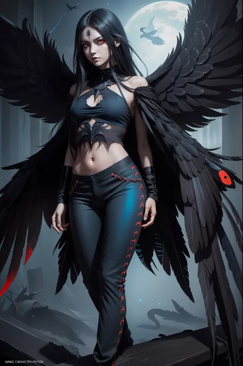 1girl, monstergirl, crow woman, (((wings of crow))), full body, portrait, detailed (((red)) eyes), glowing (blue aura), long (hair), perfect body, proportional body, deep look, (long croptop and pants)