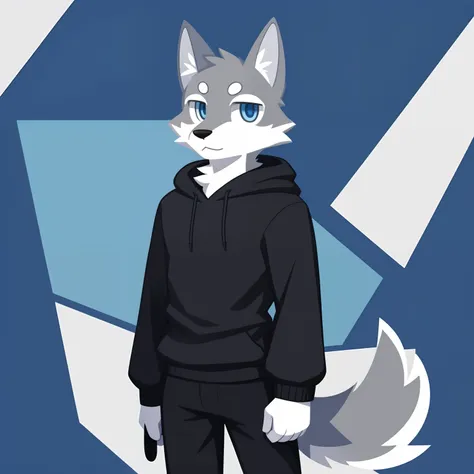 white and gray wolf illustration、professional technology、soft fluffy fur、male people、gray hoodie 、blue eyes、long black pants、nor...