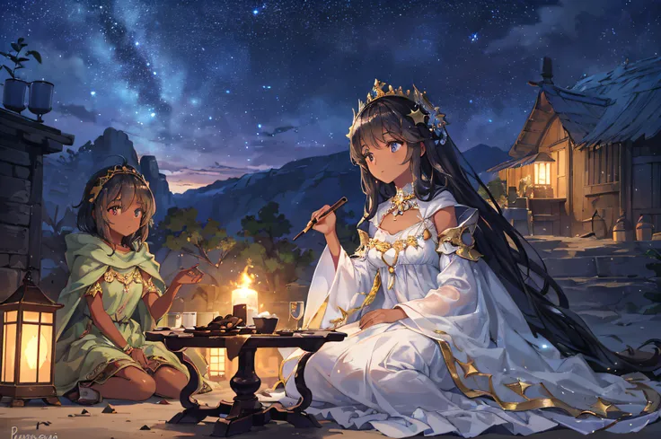 (It depicts a scene in the desert on a moonlit night with a hazy haze, and a princess gazing at the landscape from her camp). (Her outfit is delicate and beautifully designed, and she is clad in enough to keep out the chill of the desert night). (A star-fi...