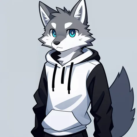 white and gray wolf illustration、professional technology、soft fluffy fur、male people、gray hoodie 、blue eyes、long black pants、phy...