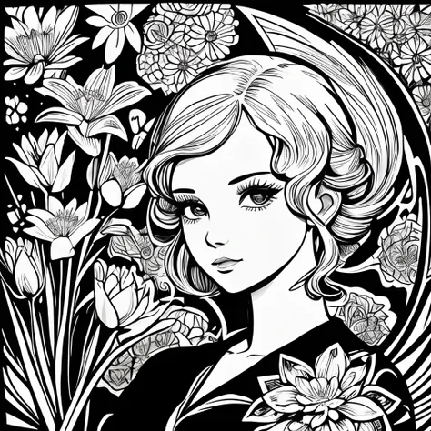 Black and white stick figure 1 girl with river lillies flower in background, loli in dress with flowers, its fine ink line art, comic style, portrait of ploynesian girl, Marilyn Munroe, Hollywood glam, beautiful line art, black and white comic style, manga...