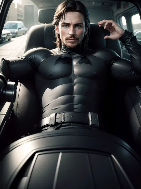 Christian Bale poses coolly for the camera from inside the batmobile,  realistic, photography