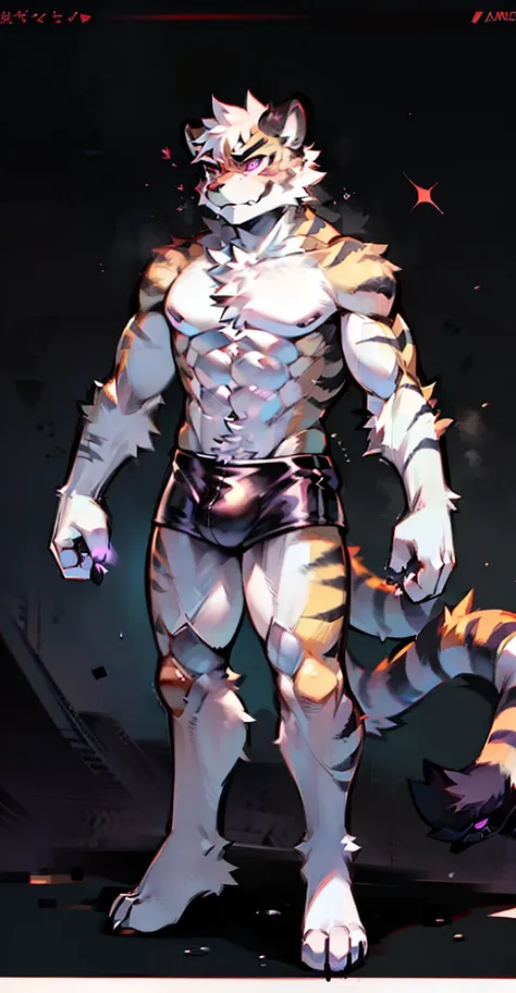 (solo person，Male tiger，Mature male，Abs)，((amarelo，White fur color))，Purple pupils，werecreature，((独奏))，((with black background))，((Stand up))，（Be wary of demonstrations），serious-expression，Sharp eyes，Tech shorts，（（Mens strong black pvc latex cat black wet ...