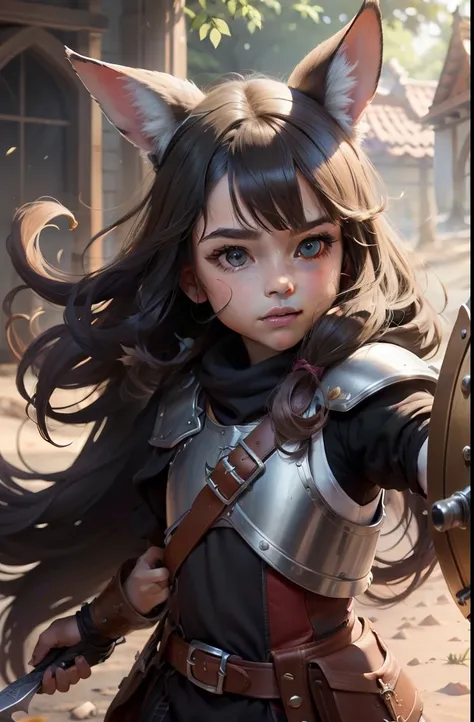 caricaturas，Menina com orelhas de raposa cabelo preto  olhos vermelhos em armadura pesada，Hold a shining sword and a shield on the ground，Vaga-lumes brilhantes ao redor，，bonito e bonito，Kids illustration，efeitos de brilho，Efeito Dingdall，profundidade de ca...