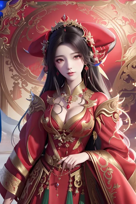 a close up of a woman with a red dress and a red hat, a beautiful fantasy empress, ((a beautiful fantasy empress)), Fantasy art style, Beautiful character painting, Anime fantasy illustration, Palace ， A girl in Hanfu, Extremely detailed Artgerm, Anime fan...