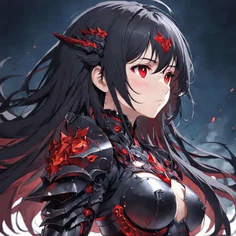 ((masterpiece)), (illustration), (highres), (((best quality))), ((ultra-detailed)), depth of field, profile, ((bust shot)), looking at the viewer, (1girl), (solo), expressionless, ((bishoujo)), (beautiful detailed red eyes), (disheveled hair), black hair, ...