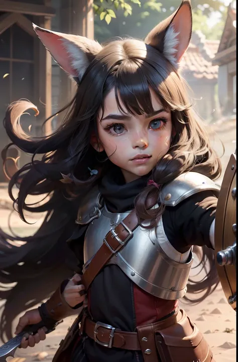 caricaturas，Menina com orelhas de raposa cabelo preto  olhos vermelhos em armadura pesada，Hold a shining sword and a shield on the ground，Vaga-lumes brilhantes ao redor，，bonito e bonito，Kids illustration，efeitos de brilho，Efeito Dingdall，profundidade de ca...