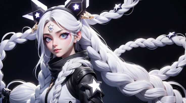 femele、long white braid hair、Star tattoo、cyberpunked、Fashionable、Simple backgrounds,full bodyesbian、Everything fits on the screen、Black and white star accessories、Put a star on your forehead、Star Hair Accessories