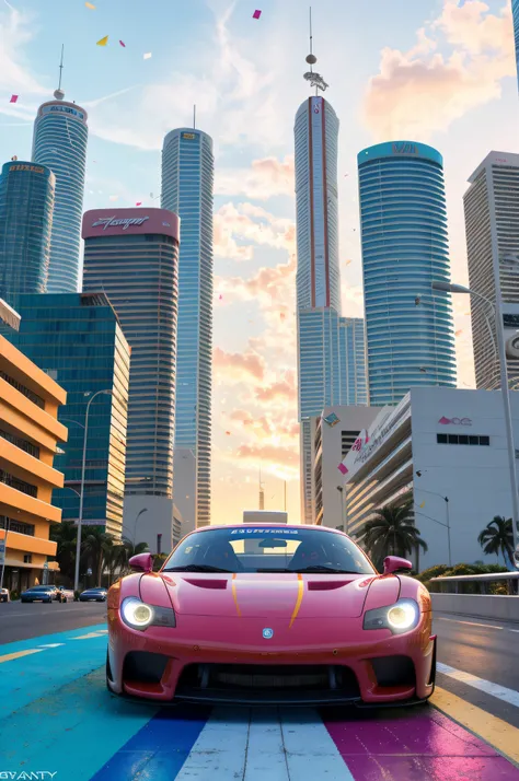 bright sunny day beautiful cloudy sky sunset sports car racing down cyberpunk Miami city streets neon signs and crowds confetti debris dust wind volumetric fog exciting epic action camera, (masterpiece:1.2) (photorealistic:1.2) (bokeh) (best quality) (deta...