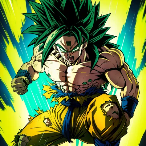 Son goku,green long hair,super saiyan 4 style,green and yellow aura,muscular body,bare upper body,torn clothes,hand band,angry,green eyes,green eyelashes,lightning, torn clothes,battle damage on body ,drawn by Akira Toriyama, anime style,dragon ball super ...