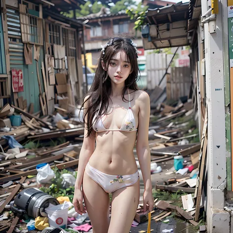 abandoned building，Garbage all over the ground，grimy，18-year-old Korean beautiful girl，Random white transparent bikini，very beautiful long slim legs，((Wearing a naked))((bare full body))(((Random nudity)))，exhibitionists，Random exposure of genitals