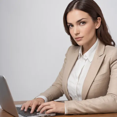 Beautiful and focused businesswoman typing on her laptop at a modern office desk, exuding confidence and professionalism.