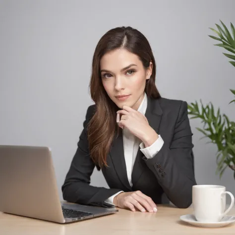 Beautiful and focused businesswoman typing on her laptop at a modern office desk, exuding confidence and professionalism.