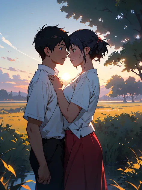 Anime couple walking on the field, (menino + Girl), watery big eyes, (delicate and beautiful facial features), Its an absolute gentle beauty, The romantic atmosphere is very strong, These two (Hand in hand) Going head-on, (From far and near), (face facing ...