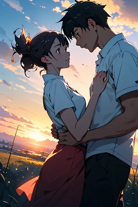 Anime couple walking in the field, (boy + girl), watery big eyes, (delicate and beautiful facial features), is the ultimate gentle beauty, the romantic atmosphere is very strong, the two (hand in hand) walking head-on, (from far and near), (facing the audi...