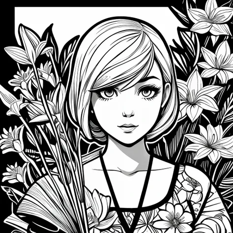 Black and white stick figure 1 girl with river lillies flower in background, loli in dress with flowers, its fine ink line art, comic style, portrait of ploynesian girl, Marilyn Munroe, Hollywood glam, beautiful line art, black and white comic style, manga...